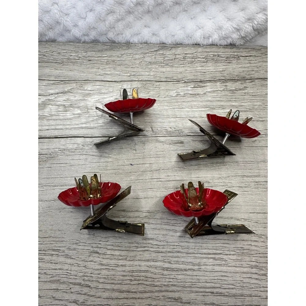Vintage Red Metal Flower Christmas Tree Candle Holder Clips Set of 4 Mid Century
